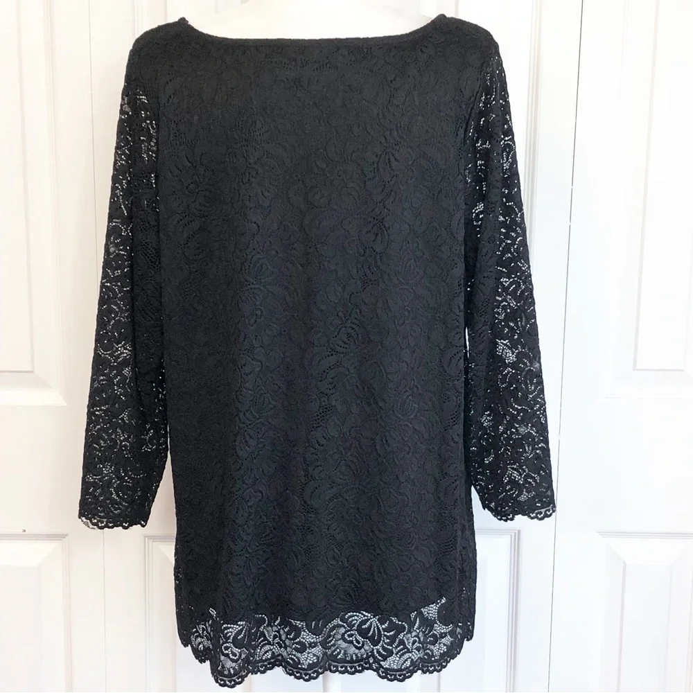 Roaman's Elegant Black Lace Sheer 3/4 Sleeve Scalloped Blouse Top 18/20